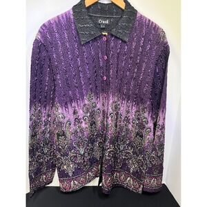 Crush Reversible Blouse 1X 2X Purple Paisley Ombre Black Crinkle Pleat Top